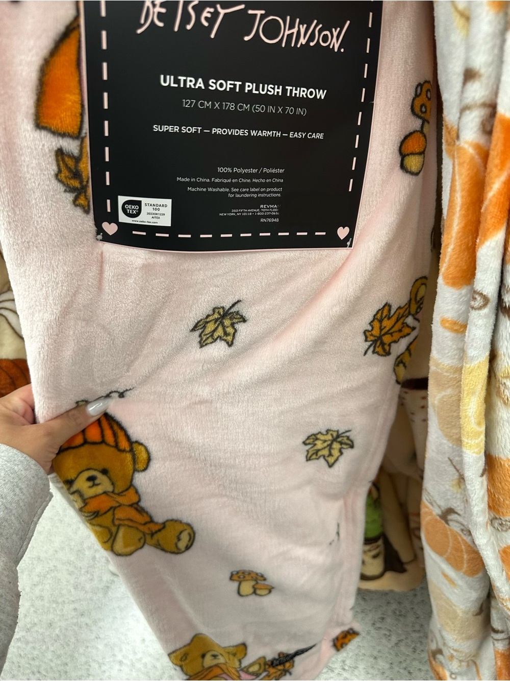 Betsey Johnson Fall Pink Teddy Bear Autumn Plush Throw Blanket